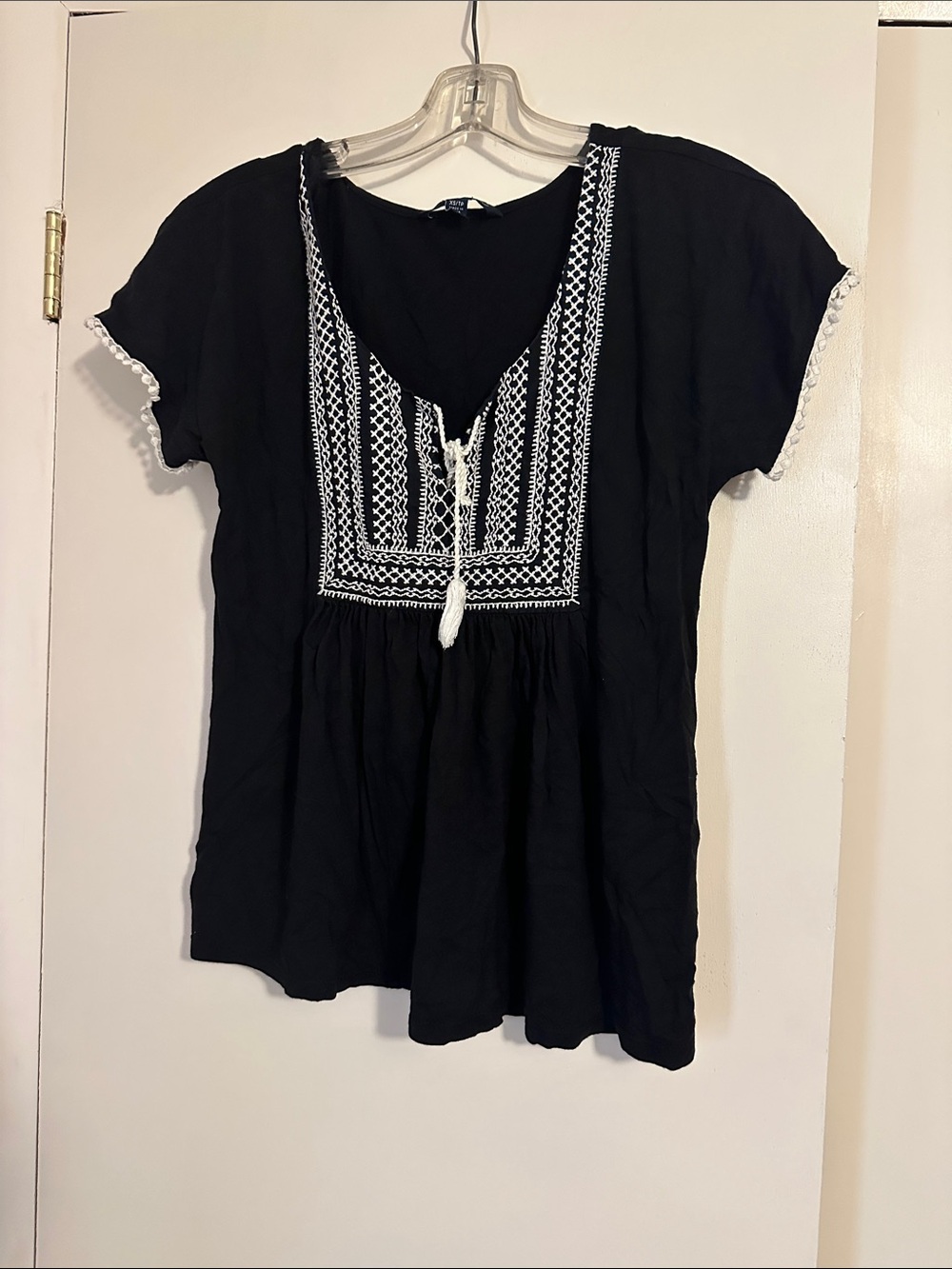 American Eagle Outfitters Black V-Neck Peasant Top with White Embroidery